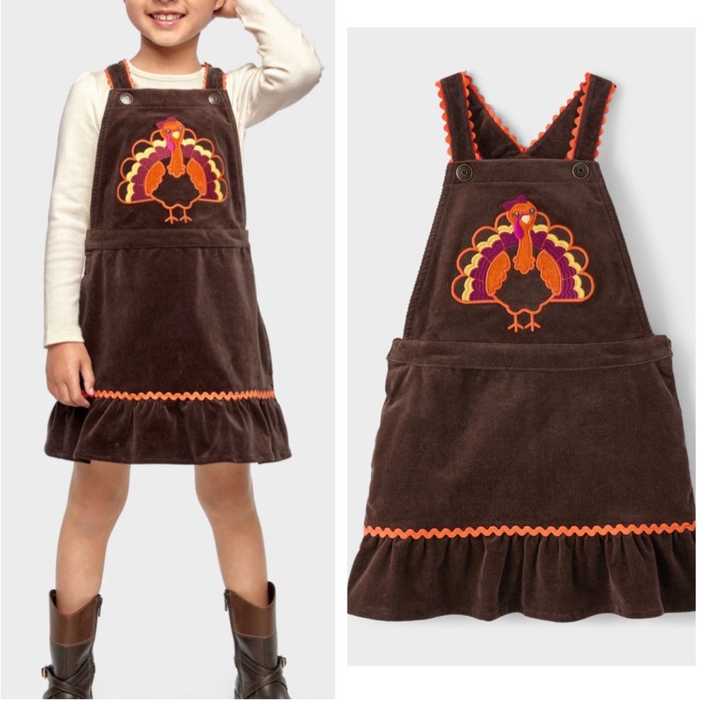 Gymboree Girls Embroidered Turkey Ruffle Corduroy Skirtall Brown Dress Size 8